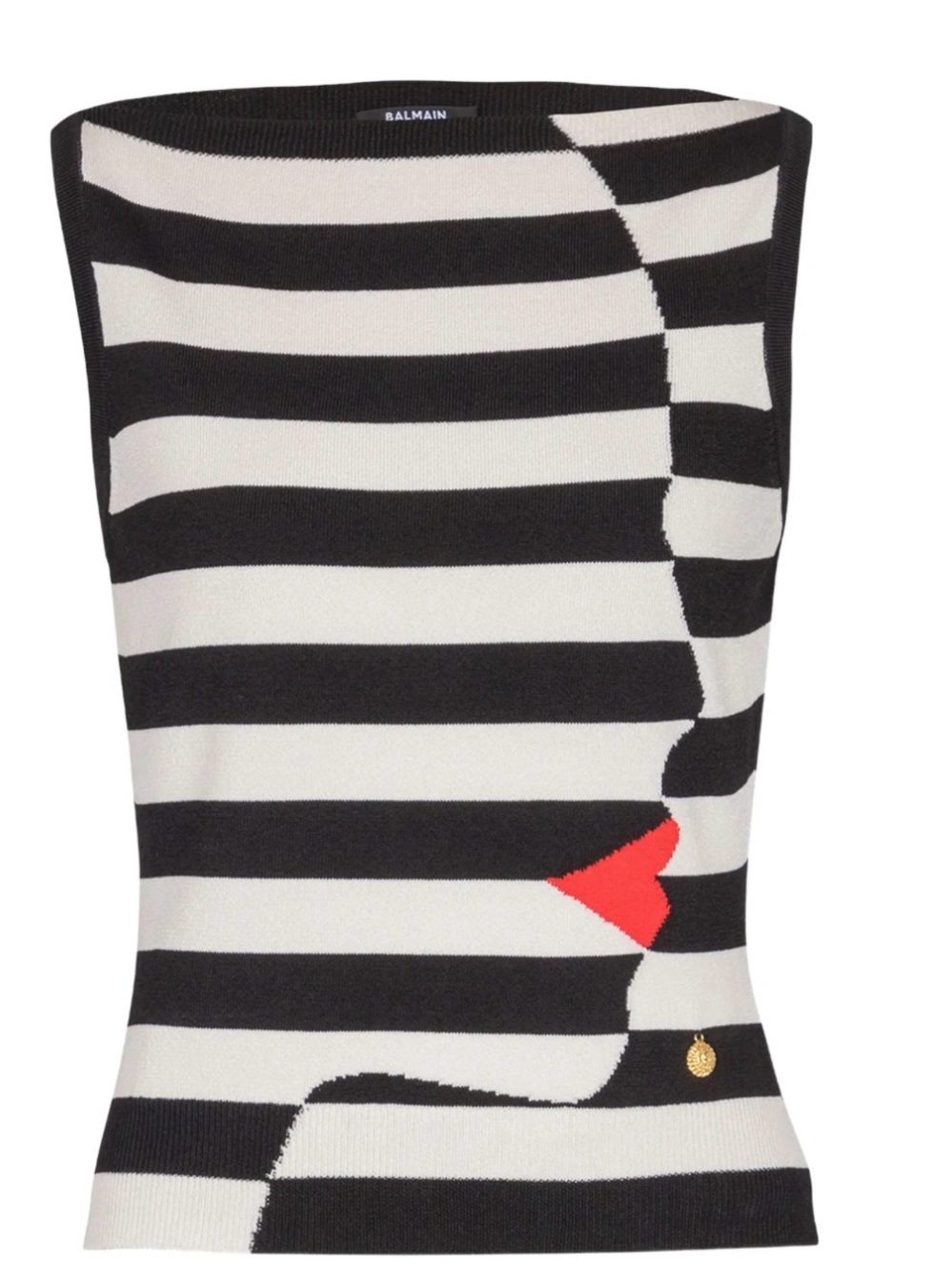 Balmain Black & White Striped Strapless Top with Red Heart Detail